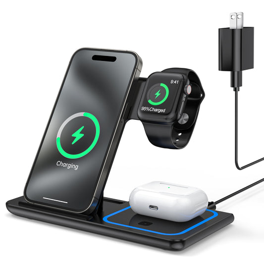 CSD01WCHGX455BL Wireless Charging Station, 3-in-1 Foldable Travel Charger for Apple Devices, Compatible with iPhone 16/15/14/Pro/Max , Apple Watch Series 3 to 10/SE/Ultra, AirPods Pro 2/3/4 (with Case)
