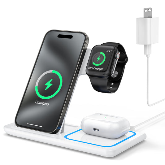 CSD01WCHGX455WH  Wireless Charging Station, 3-in-1 Foldable Travel Charger for Apple Devices, Compatible with iPhone 16/15/14/Pro/Max , Apple Watch Series 3 to 10/SE/Ultra, AirPods Pro 2/3/4 (with Case)