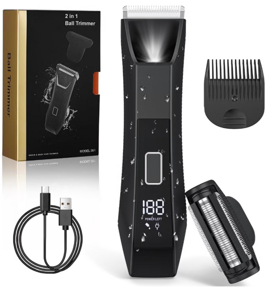 Body Hair Trimmer for Men, IPX7 Waterproof Pubic and Groin Hair Trimmer, Electric Ball Shaver with LED Light, Ceramic Blade, USB Rechargeable