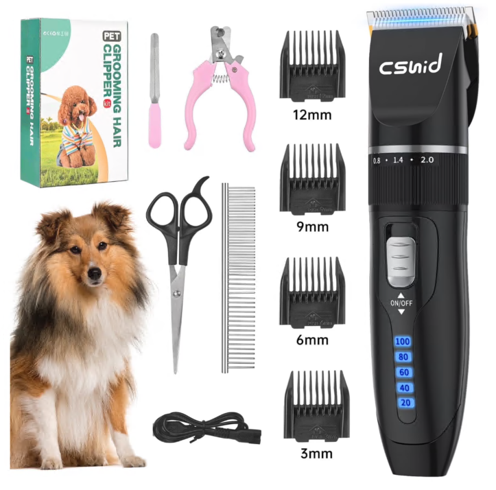Dog Hair Clippers, Professional LED Display Dog Grooming Kit, Cordless Quiet Pets Clippers Hair Trimmer, Low Noise Dog Shaver Clipper with 4 Comb Guides, 5 Size Fine Tuning Knob for Thick Coats Cats