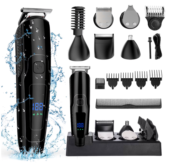 Hair Clipper for Men, All in One Grooming Kit IPX7 Waterproof, Cordless Electric Beard Trimmer, USB Rechargeable Body Mustache Nose Ear Facial Cutting Groomer for Wet/Dry W/ LED Display, Storage Dock