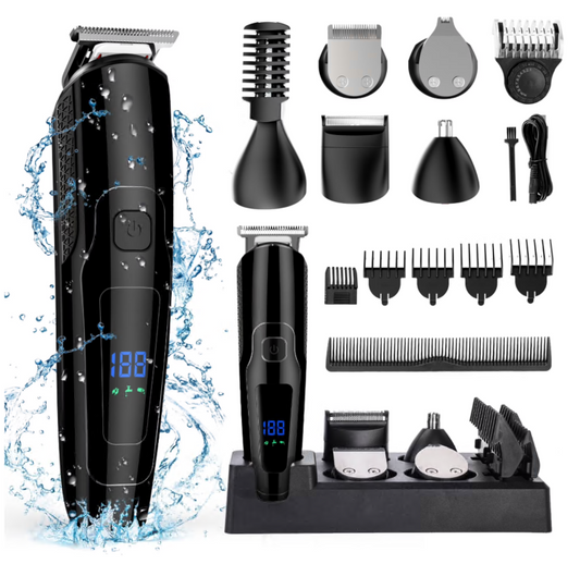 Hair Clipper for Men, All in One Grooming Kit IPX7 Waterproof, Cordless Electric Beard Trimmer, USB Rechargeable Body Mustache Nose Ear Facial Cutting Groomer for Wet/Dry W/ LED Display, Storage Dock