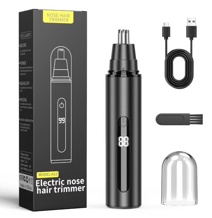 Nose Hair Trimmer for Men Rechargeable, Electric Nose and Ear Hair Trimmer, Professional Nose Clipper, LED Display, Waterproof, Portable Travel Size, Painless, Black