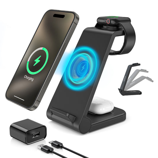CSD02WCHGWX38BL 3-in-1 Fast Wireless Charging Station for iPhone 16 15 14, Apple Watch Ultra SE S3-S10, AirPods 4/3/2/ Pro, Foldable, Anti-slip Pad for Multiple Apple Devices