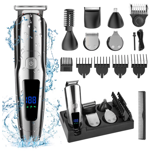 Hair Clipper, 14 in 1 Electric Beard Trimmer for Men, IPX7 Waterproof USB Rechargeable Cordless Haircut Face Nose Ear Hair Groomer Kit W/ LED Display for Home Travel Wet/Dry Use