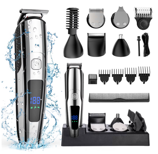 Hair Clipper for Men, All in One Grooming Kit IPX7 Waterproof, Cordless Electric Beard Trimmer, USB Rechargeable Body Mustache Nose Ear Facial Cutting Groomer for Wet/Dry W/ LED Display, Storage Dock