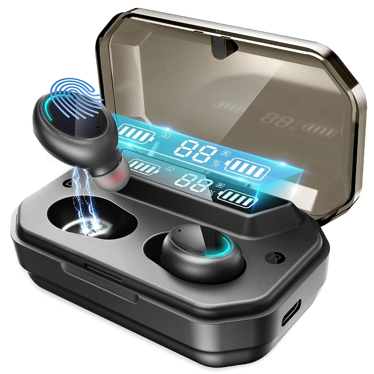 CSDT10A Wireless Earbuds Bluetooth 5.0 Headphones IPX7 Waterproof TWS Deep Bass Stereo Noise Cancelling Headset in Ear W/ 140H Playtime Mic USB-C Charging Case LED Battery Display for Sport Android/iOS