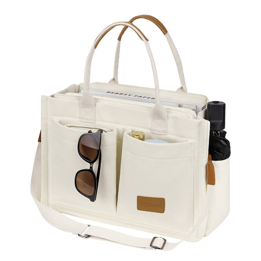 CSD01UPTB0000WH Canvas Tote Bag with Multi-Pocket for Women, Large Crossbody Shoulder Handbag Everything Tote Bag with Compartments, Laptop Work Bags Shoulder Messenger Gym Bag for Travel Nurse College Gift