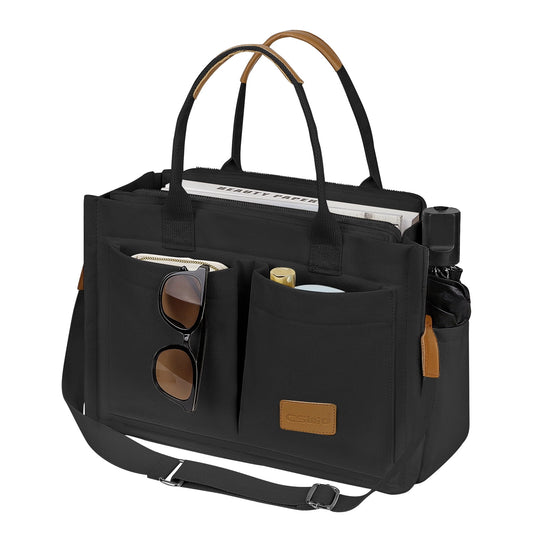 CSD01UPTB0000BK Canvas Tote Bag with Multi-Pocket for Women, Large Crossbody Shoulder Handbag Everything Tote Bag with Compartments, Laptop Work Bags Shoulder Messenger Gym Bag for Travel Nurse College Gift Black