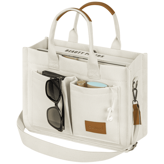 CSD02CTBH0000WH Canvas Tote Bag for Women With Pockets, Laptop Work Crossbody Everyday Satchel, Purses Everything Shoulder Tote Bag Everyday Satchel Handbags Messenger Gym Totes, White