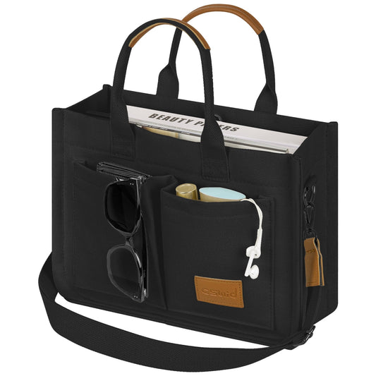 CSD02CTBH0000BK Canvas Tote Bag for Women With Pockets, Laptop Work Crossbody Everyday Satchel, Purses Everything Shoulder Tote Bag Everyday Satchel Handbags Messenger Gym Totes, Black