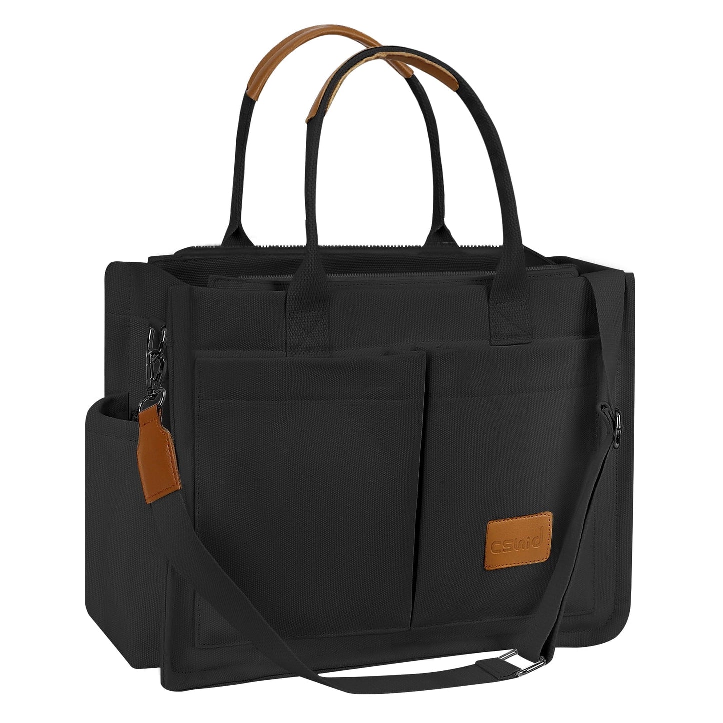 CSD02UPTB0000BK Canvas Tote Bag for Women With Side Pockets, Laptop Work Crossbody Everyday Satchel, Purses Shoulder Tote Bag Everyday Satchel Handbags Messenger for Travel Nurse College Gift, Black