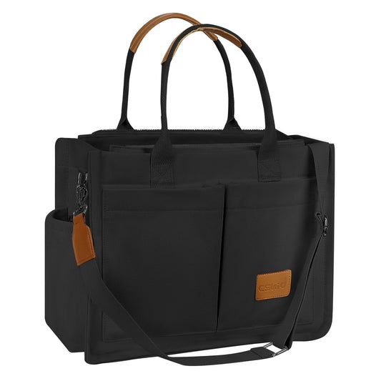 CSD02UPTB0000BK Canvas Tote Bag for Women With Side Pockets, Laptop Work Crossbody Everyday Satchel, Purses Shoulder Tote Bag Everyday Satchel Handbags Messenger for Travel Nurse College Gift, Black