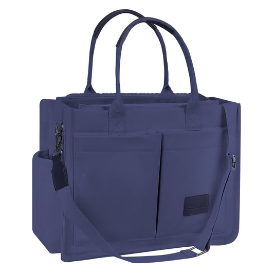 CSD02UPTB0000BU Canvas Tote Bag for Women With Side Pockets, Laptop Work Crossbody Everyday Satchel, Purses Shoulder Tote Bag Everyday Satchel Handbags Messenger for Travel Nurse College Gift, Blue