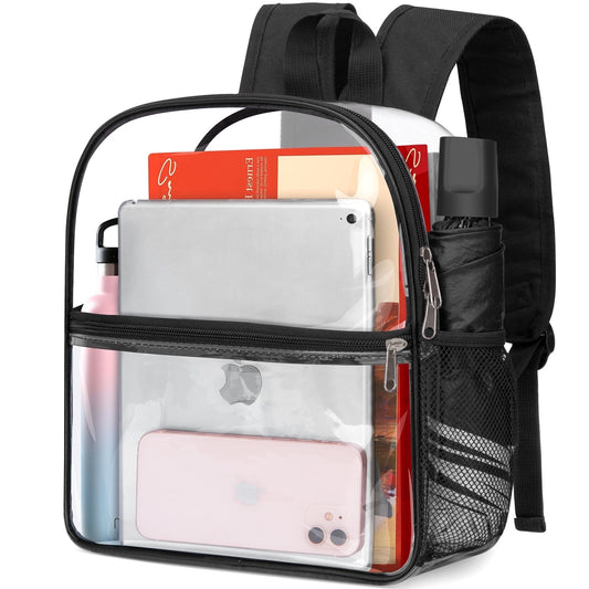 CSD47SMCB0000BK  Clear Backpack Stadium Approved 12x12x6 with Reinforced Shoulder Straps, Small Transparent Backpack with Front Pocket, Clear Bag for College Workplace Stadium Travel Security Festival College, Black