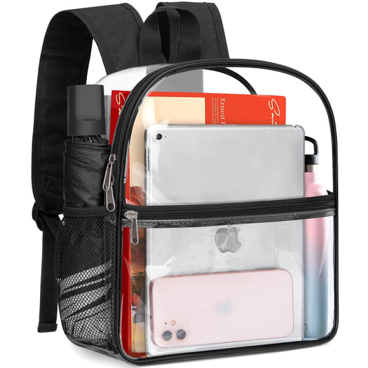 CSD46SMCB0000BK Clear Backpack for Stadium Events, Stadium Approved 12x12x6 Transparent Backpack with Reinforced Shoulder Straps, Small Clear Bag with Front Pocket for Concert, Beach, Work, Travel & Sporting, Black