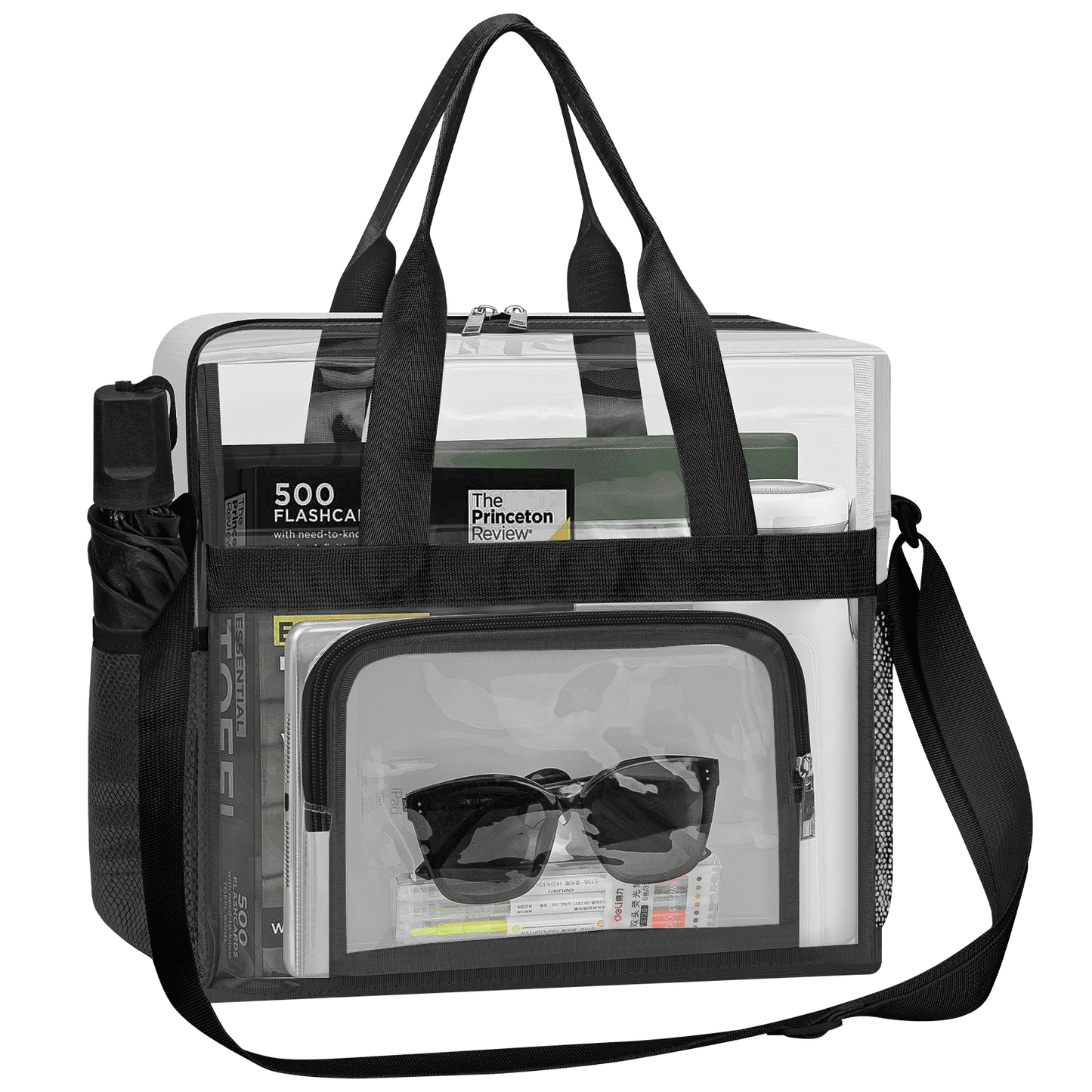 CSD46HBCB0000BK Clear Bag Stadium Approved 12x12x6, Clear Tote Bag with Reinforced Strap, 2 Side Pockets and Front Pocket, Transparent Tote Lunch Bag for Work, Sports Games Concerts Travel Security Festival, Black