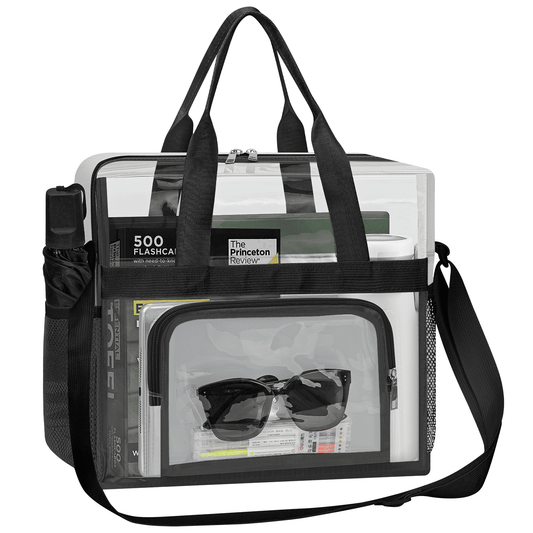 CSD46HBCB0000BK Clear Bag Stadium Approved 12x12x6, Clear Tote Bag with Reinforced Strap, 2 Side Pockets and Front Pocket, Transparent Tote Lunch Bag for Work, Sports Games Concerts Travel Security Festival, Black