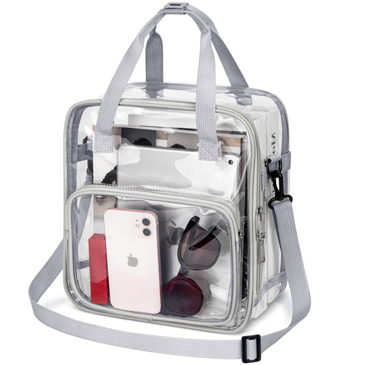CSD47TBCB0000GY  Clear Tote Bag for Stadium Events 12x12x6, Crossbody Clear Bag with Reinforced Strap, Transparent Tote Lunch Bag with Front Pocket for Work, Sports Games Concerts Travel Security Festival, Gray