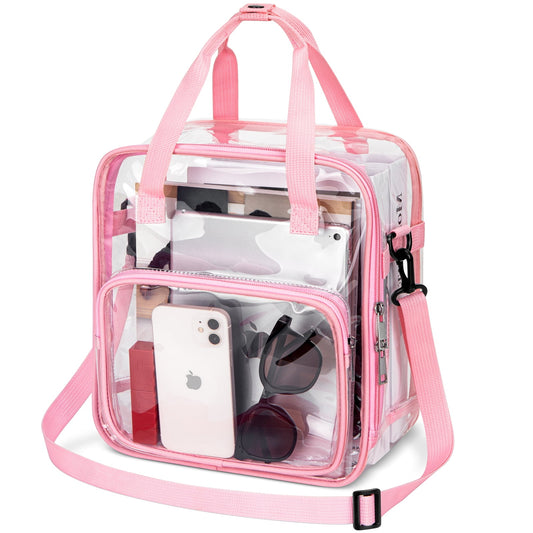 CSD47TBCB0000PK  Clear Tote Bag for Stadium Events 12x12x6, Crossbody Clear Bag with Reinforced Strap, Transparent Tote Lunch Bag with Front Pocket for Work, Sports Games Concerts Travel Security Festival Pink