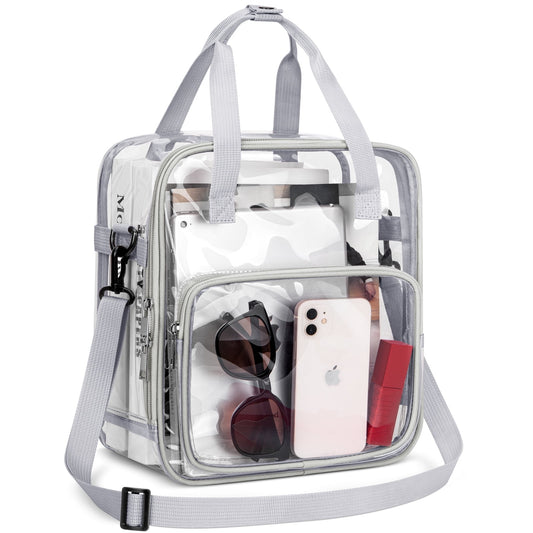 CSD46TBCB0000GY Clear Bag Stadium Approved 12x12x6, Clear Tote Bag with Reinforced Strap, Crossbody Messenger Shoulder Bag, Transparent Tote Lunch Bag for Work, Sports Games Concerts Travel Security Festival