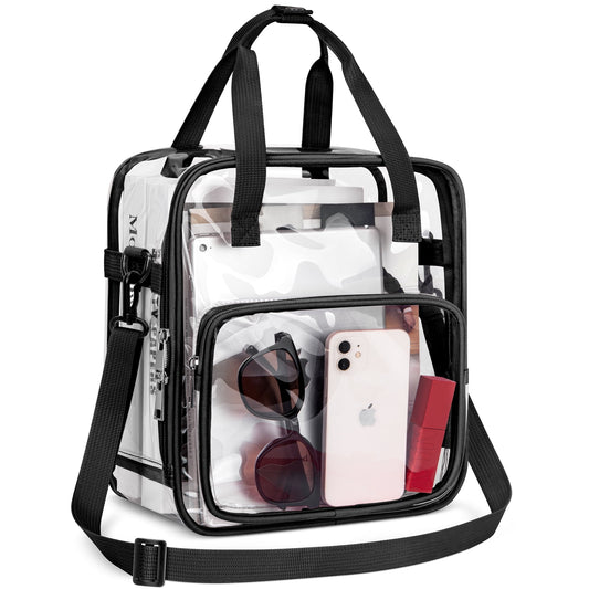 CSD46TBCB0000BK Clear Bag Stadium Approved 12x12x6, Clear Tote Bag with Reinforced Strap, Crossbody Messenger Shoulder Bag, Transparent Tote Lunch Bag for Work, Sports Games Concerts Travel Security Festival, Black