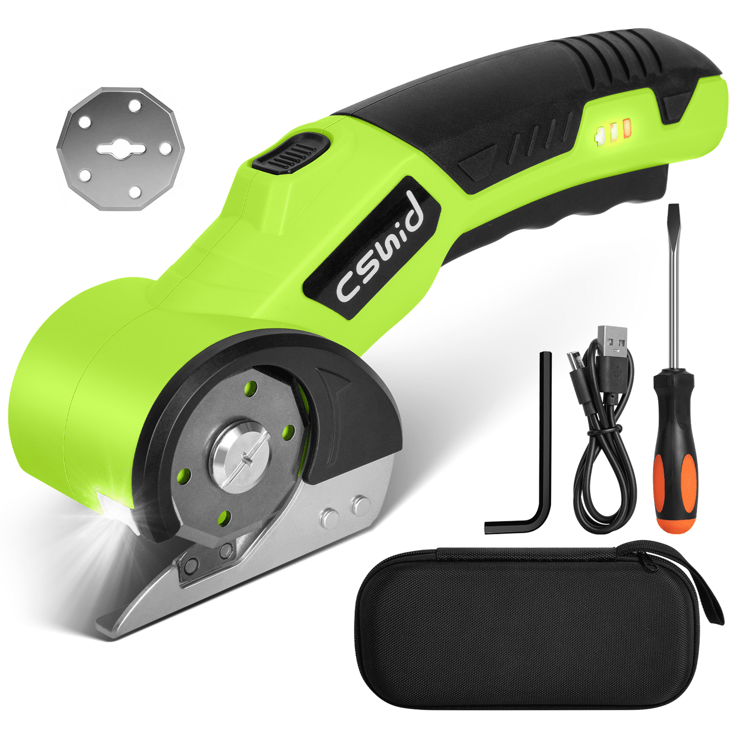 CSD64CESS0000GN Cordless Electric Scissors, 4V Rechargeable Cardboard Cutter Tool with a Replacement Blade and Storage Box, Safety Lock & LED Light for Cardboard Box,Thin Carpet & Plastic, Green
