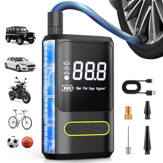 CSD60CTAP8466GY Cordless Tire Inflator Portable Air Compressor - 150PSI Air Pump with Auto Shutoff Function for Car Tires, Inflatables, Motorcycle, Balls, Compact Bike Tire Pump with LED Light