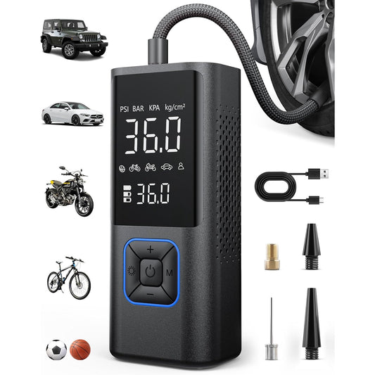 CSD61CTAPP008BK Cordless Tire Inflator Portable Air Compressor - 150PSI Air Pump with Auto Shutoff Function for Car Tires, Inflatables, Motorcycle, Balls, Compact Bike Tire Pump with LED Light