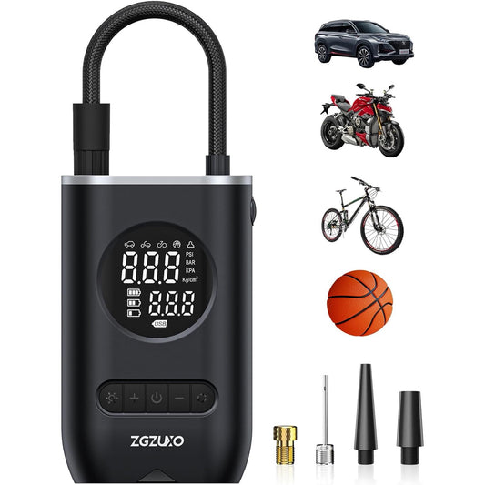CSD60CTAP8466GY Cordless Tire Inflator Portable Air Compressor - 150PSI Air Pump with Auto Shutoff Function for Car Tires, Inflatables, Motorcycle, Balls, Compact Bike Tire Pump with LED Light