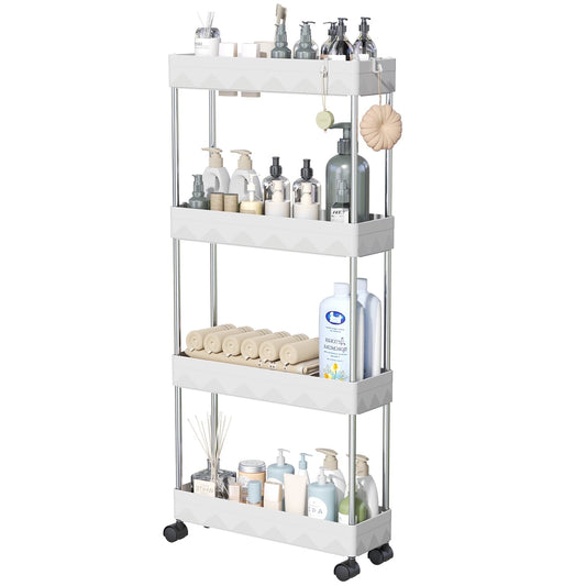 CSD02SRSC0000WH  4 Tier Slim Rolling Storage Cart, Slim Cart Bathroom Storage Organizer Rolling Utility/ Mobile Shelving Unit Slide Out Storage Cart for Office, Bathroom, Kitchen, Laundry Room & Narrow Place