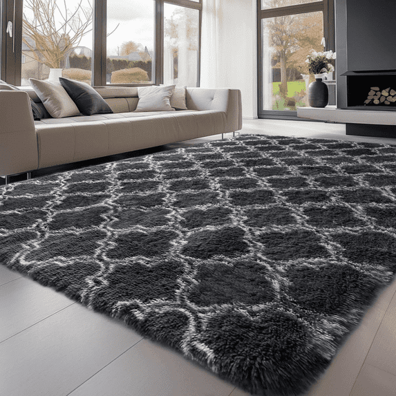 CSD01CSAR0508BKCH Cshidworld Geometric Shag Area Rugs, 5x8 Soft Fluffy Shaggy Carpet for Living Room,Large Rug for Bedroom Dining Room Home Decor Room Decor, Black & White