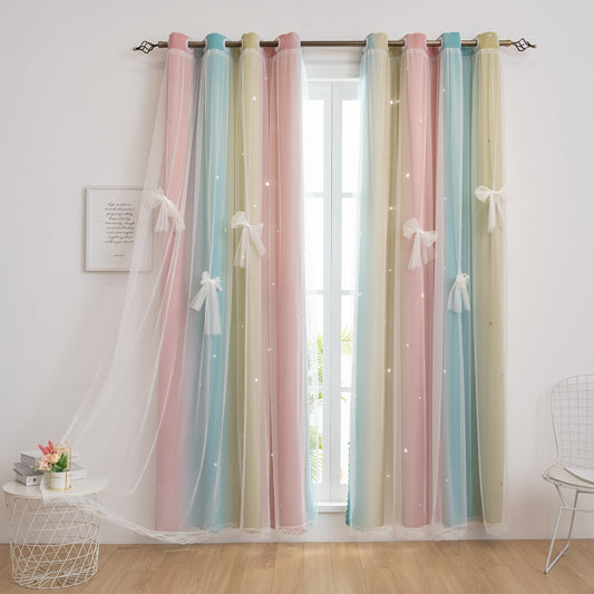CSD01BCFG0163PY CshidWorld Blackout Curtains for Girls Kids Bedroom, Colorful Double Layer Star Cut Out Curtains for Girls Room Nursery Home Decor, 52''x 63'', 1 Panel