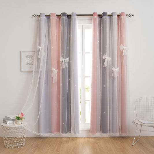 CSD01BCFG0163PG CshidWorld Blackout Curtains for Girls Kids Bedroom, Colorful Double Layer Star Cut Out Curtains for Girls Room Nursery Home Decor, 52''x 63'', 1 Panel