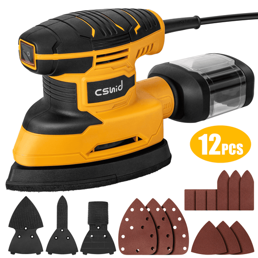 CSD56DSPS0000YE  Detail Sander, 13,000 OPM Compact Electric Sander Tool with 12 Pcs Sandpapers, Corded Multi-Function Power Sander, Efficiency Dust Collection System, Suitable for Tight Spaces Sanding Polishing