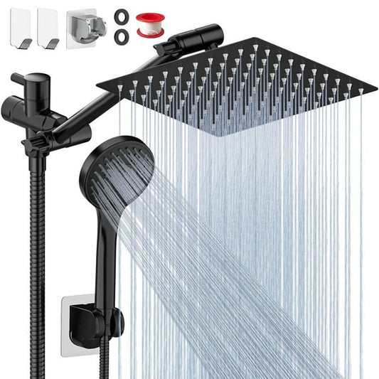 CSD36HPSH0008BK Dual Shower Head Combo, 8" High Pressure Rain Shower Head with 11" Adjustable Extension Arm, 5 Settings Handheld Shower Head with 59" Hose & Holder, Black