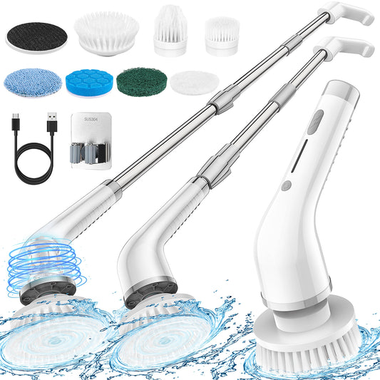 CSD02ESSB0000GY Electric Spin Scrubber, Cordless Cleaning Brush with 2 Adjustable Speeds, Power Scrubber Brush with 7 Replaceable Brush Heads and 51.2” Extension Handle for Bathroom Tub Tile Floor Kitchen Window Car