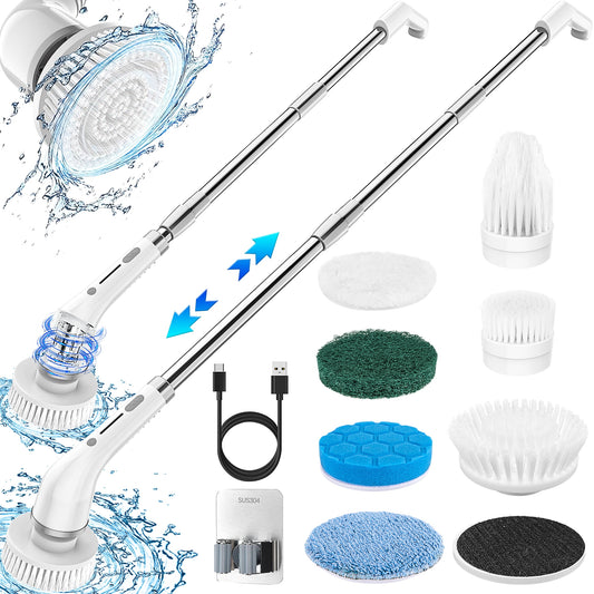 CSD01ESSB0000GY Electric Spin Scrubber, Cordless Cleaning Brush with 7 Replaceable Brush Heads and 51.2 in Handle, 360 Power Scrubber Dual Speed with Adjustable & Detachable Handle for Bathroom Kitchen Tub Floor Tile