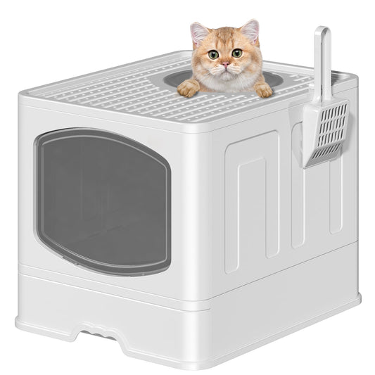 CSD06FCLB0000WH Extra Large Foldable Cat Litter Box with Litter Scoop, Front Entry Top Exit Cat Litter Pan with Lid, Enclosed Anti-Splashing Kitty Litter Box, Drawer Type Cat Litter Easy Cleaning and Scoop White