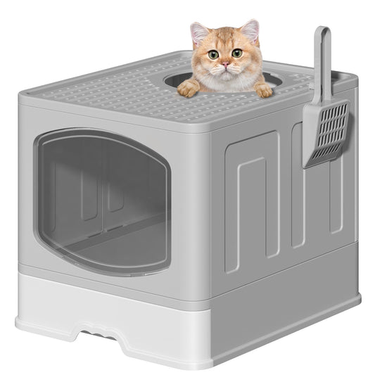 CSD06FCLB0000GY Extra Large Foldable Cat Litter Box with Litter Scoop, Front Entry Top Exit Cat Litter Pan with Lid, Enclosed Anti-Splashing Kitty Litter Box, Drawer Type Cat Litter Easy Cleaning and Scoop, Gray