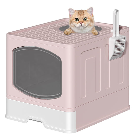 CSD06FCLB0000PK Extra Large Foldable Cat Litter Box with Litter Scoop, Front Entry Top Exit Cat Litter Pan with Lid, Enclosed Anti-Splashing Kitty Litter Box, Drawer Type Cat Litter Easy Cleaning and Scoop Pink