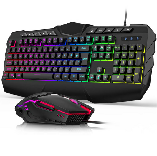 CSD02EGKBTF20BK Gaming Keyboard and Mouse Combo, LED RGB Backlit Wired Keyboard 114 Keys Mechanical Feel Anti-ghosting Keyboard & 7 Colors Mouse with 12 Multimedia Keys for Windows/XP/Vista PC Laptop Computer Gamer