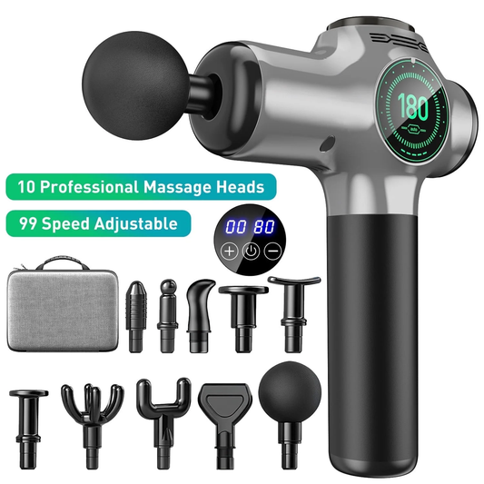 CSD01MGF50000SR  99 Speed Massage Gun, Upgrade Deep Tissue Back Massager with 10 Massages Heads & Silent Brush Motor, Percussion Massage Guns for Athletes for Pain Relief, Quiet Electric Massager for Treatment,Silver