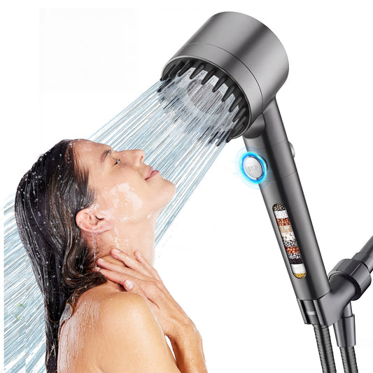 CSD37HSSH0000GY Filtered Shower Head with Handheld, High Pressure 4 Spray Showerhead with Filters & Upgraded Anti-clog Nozzles for Hard Water Reduce Dry Itchy Skin -ON/OFF Switch for Pet Bath, Gray