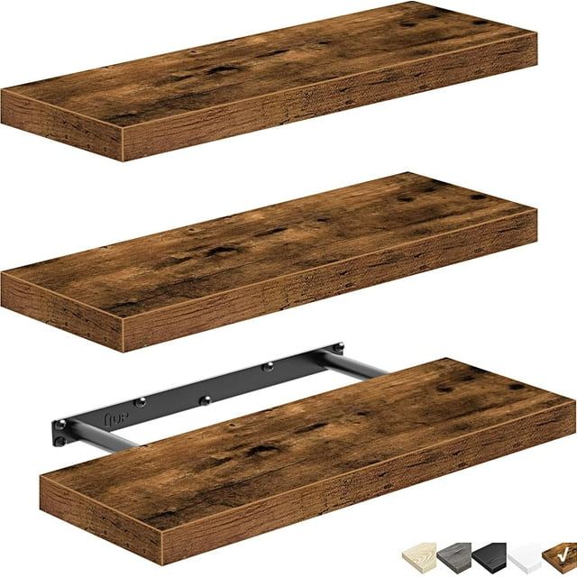 CSD62FSFW0016BN3PCS Floating Shelves for Wall, Bathroom Shelf Rustic Wood with Metal Brackets, Floating Shelf for Wall for Bathroom, Living Room, Bedroom and Kitchen, Small Farmhouse Decor 16 inch Set of 3, Rustic Brown