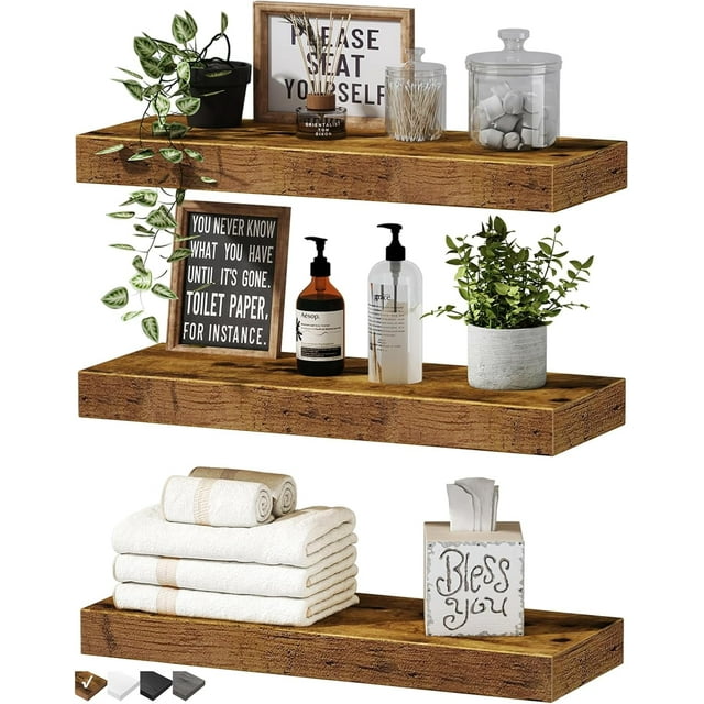 CSD63FSFW0016BN3PCS Floating Shelves Set of 3 , Bathroom Shelves Over Toilet with Invisible Brackets, 16" Floating Shelf Wall Shelves with 22 lbs Capacity for Bathroom/Living Room/Bedroom/Kitchen/Office (Rustic Brown)