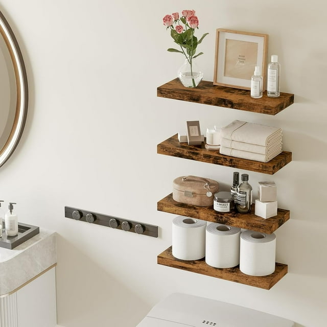 CSD63FSFW0016BN4PCS Floating Shelves Set of 4 , Bathroom Shelves Over Toilet with Invisible Brackets, 16" Floating Shelf Wall Shelves with 22 lbs Capacity for Bathroom/Living Room/Bedroom/Kitchen/Office (Rustic Brown)