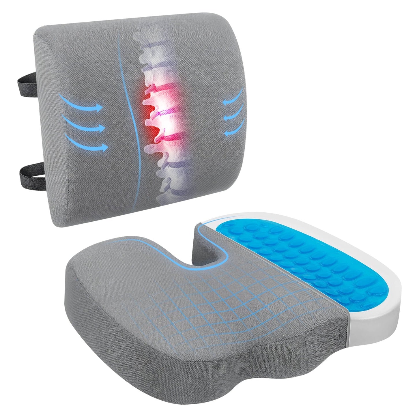 CSD42SCOC0000GY2P Gel Seat Cushion for Office Chair, Car Seat, Wheelchair, Lumbar Support Memory Foam Pillow with Adjustable Strap 3D Washable Cover, Coccyx Cushion for Tailbone, Hip, Sciatica & Back Pain Relief, Gray