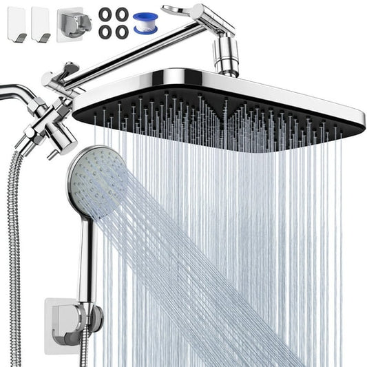 CSD36SQSH0012BK High Pressure 12" Rain Shower Head Combo with Adjustable Extension Arm, Rainfall Shower Head with 5-Setting Spray, Adjustable Dual Shower head with Anti-Clog Nozzles, Silver Chrome