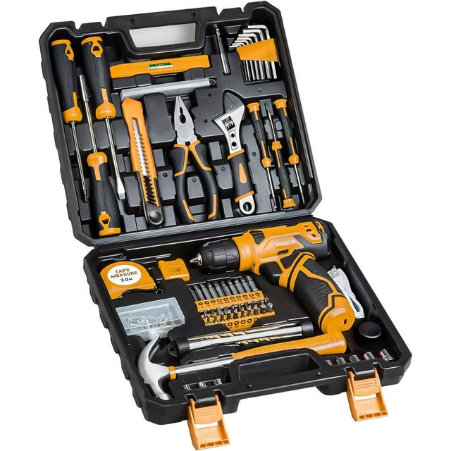 CSD45DSTS0000YE Tool Set with 21V Cordless Drill, Drill Set with 2 Batteries and Charger, 95PCS Electric Power Drill Tool Kit, Hand Repair Tools Sets Combo Kits Storage Organizer Drawer Case for Men Women, Yellow